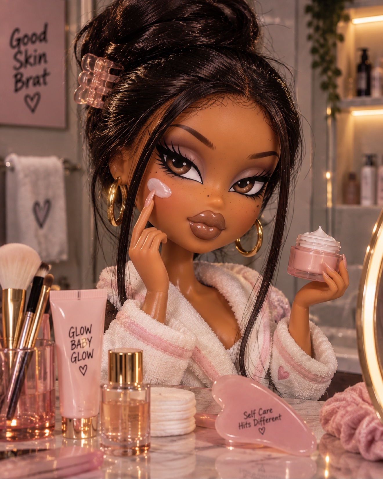 Face Card character applying face cream at a pink vanity