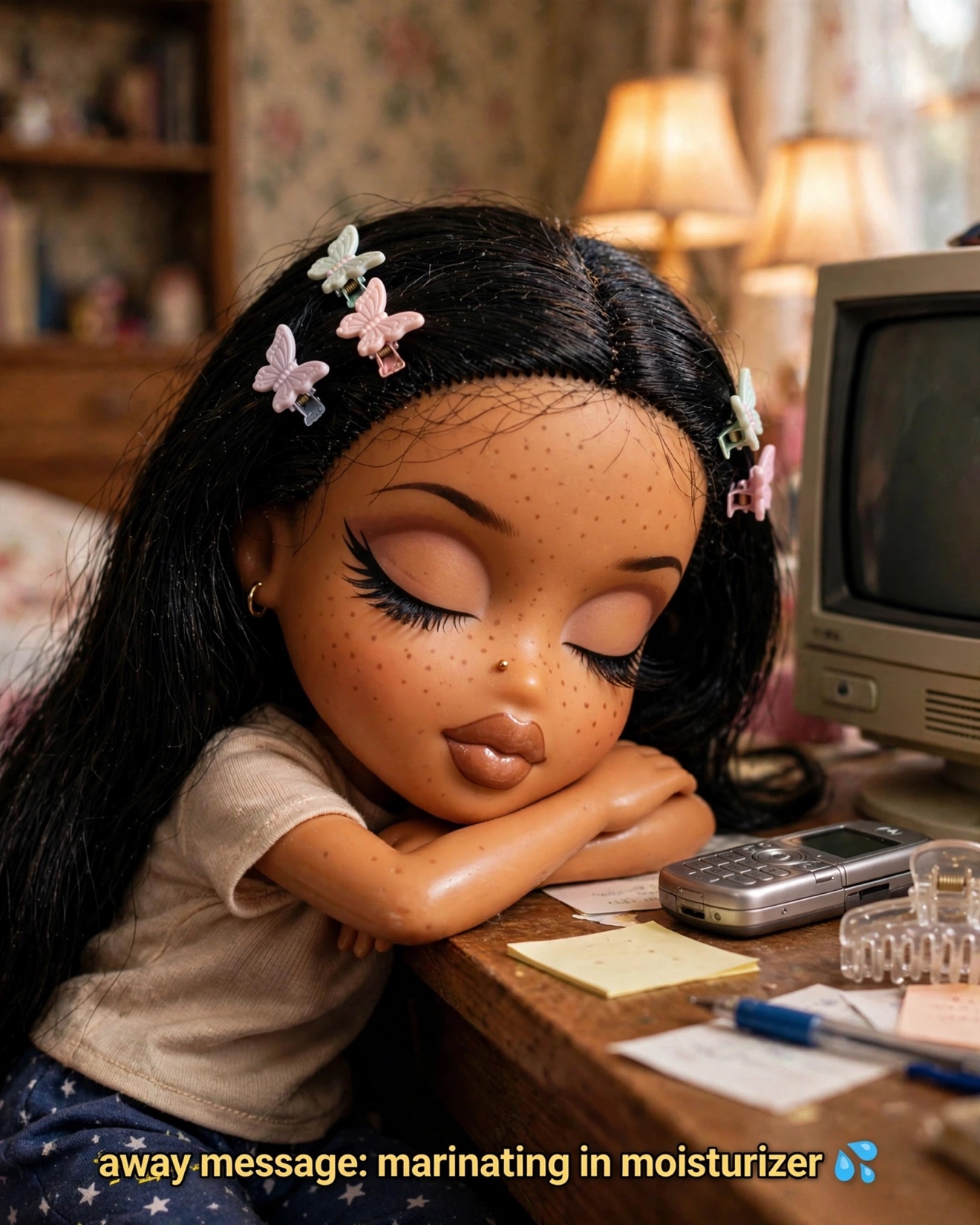 Face Card campaign character resting at her desk during a nighttime skincare routine