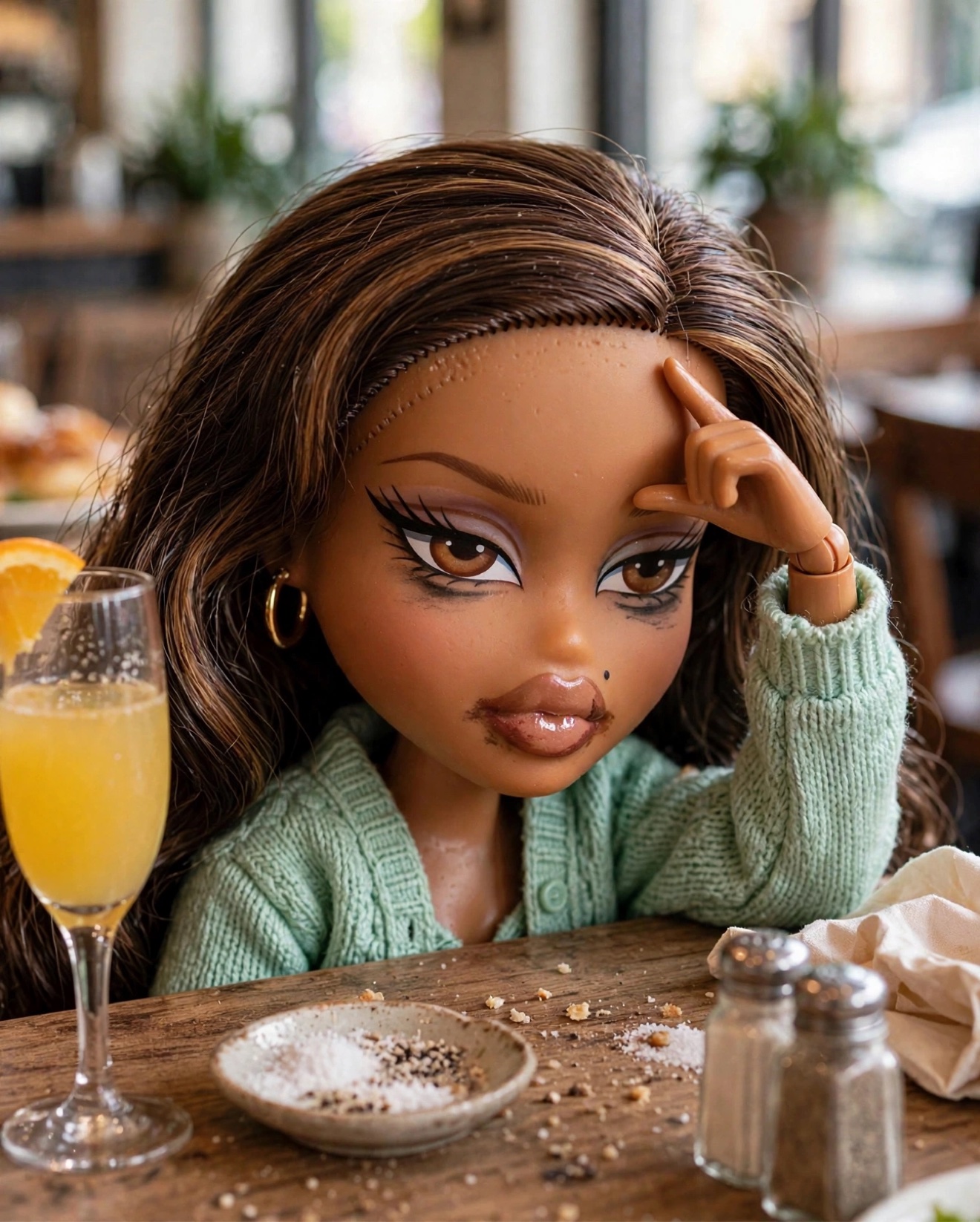 Face Card campaign character posed beside serum and skincare view 3