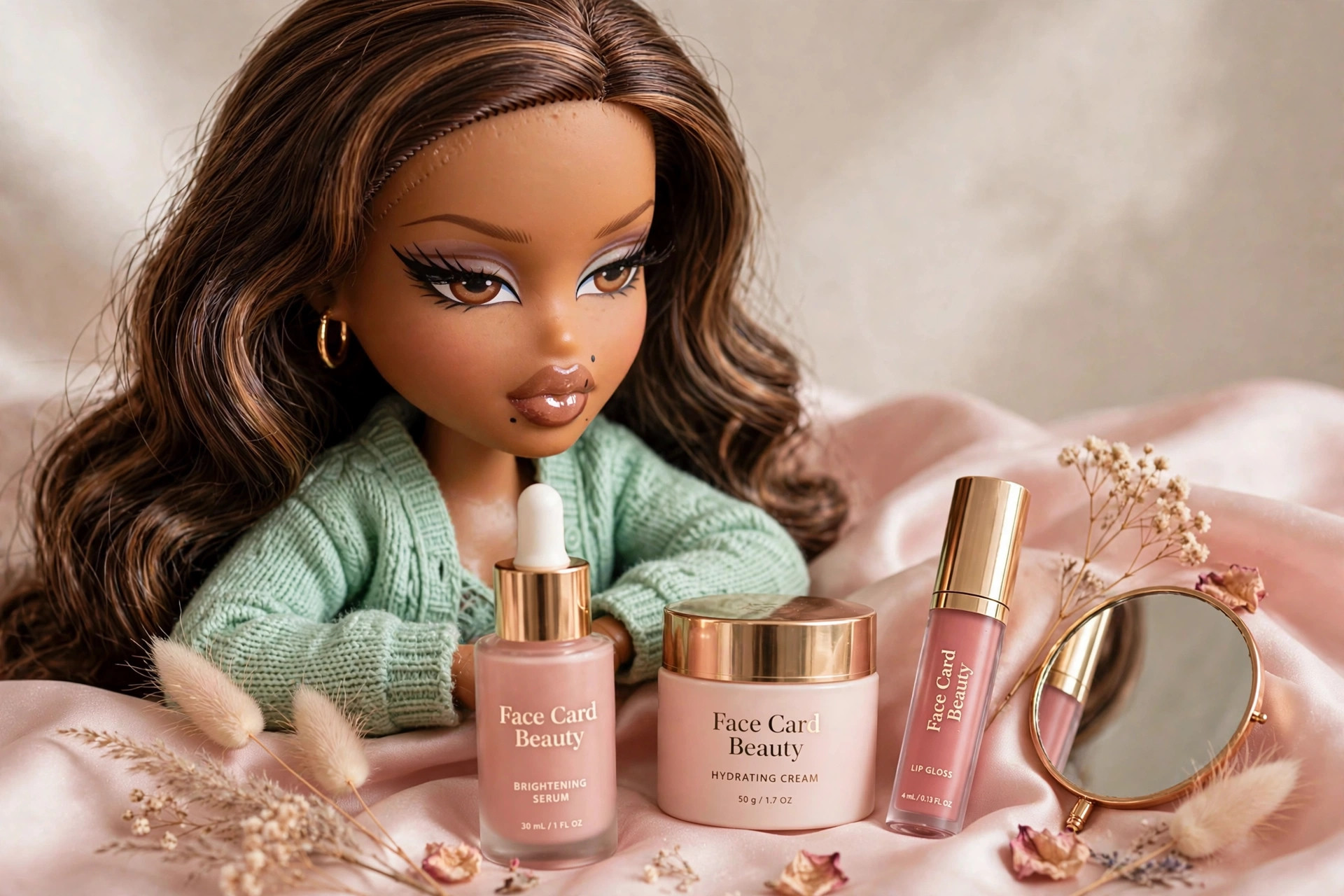 Face Card campaign character posed beside doll-scale serum and skincare