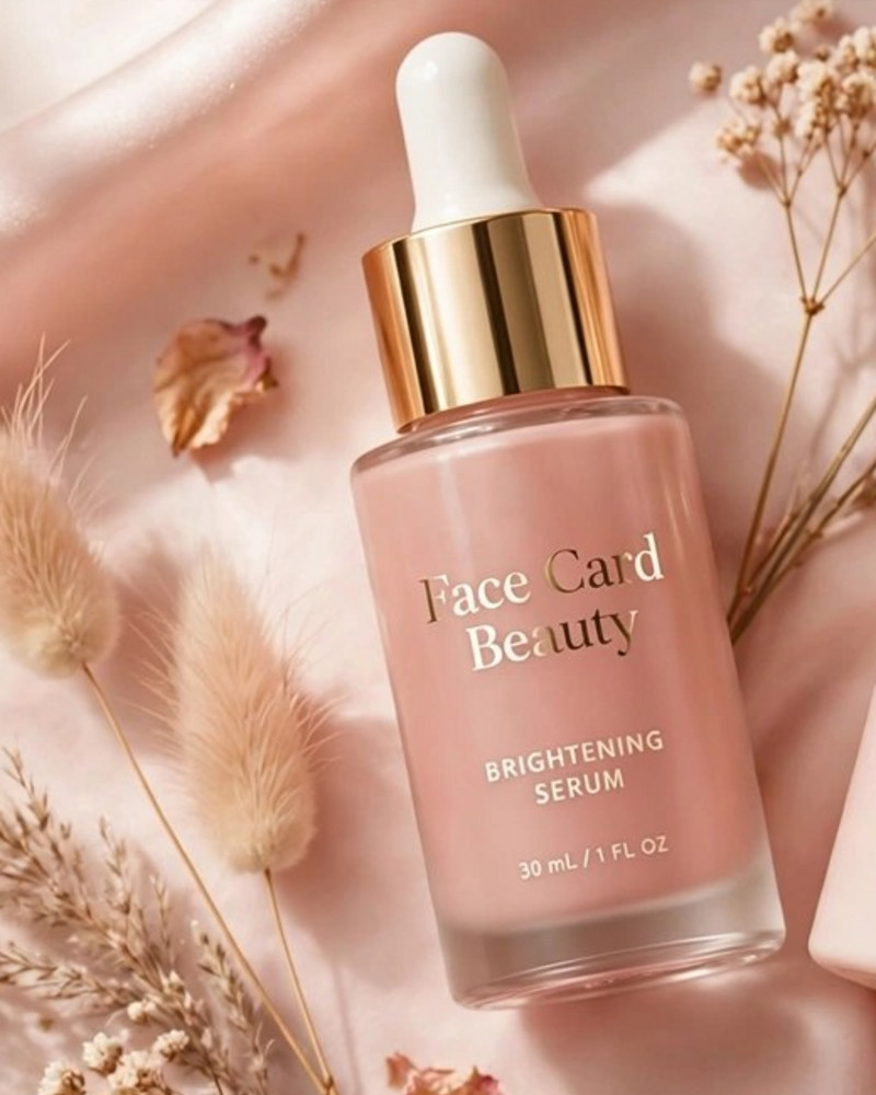 Face Card campaign character posed beside serum and skincare view 2