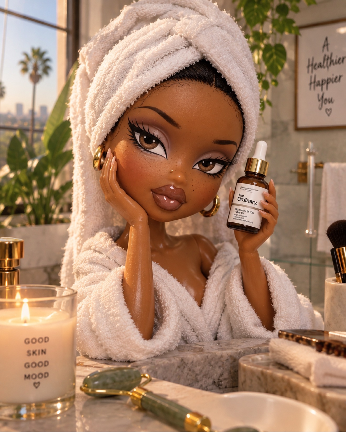 Face Card character in a towel and robe holding a serum after her shower