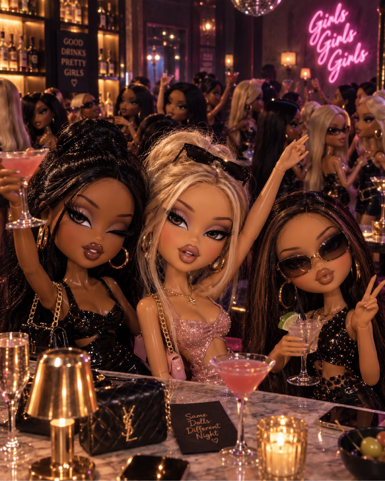 Three Face Card characters dressed for a night out at a crowded cocktail bar