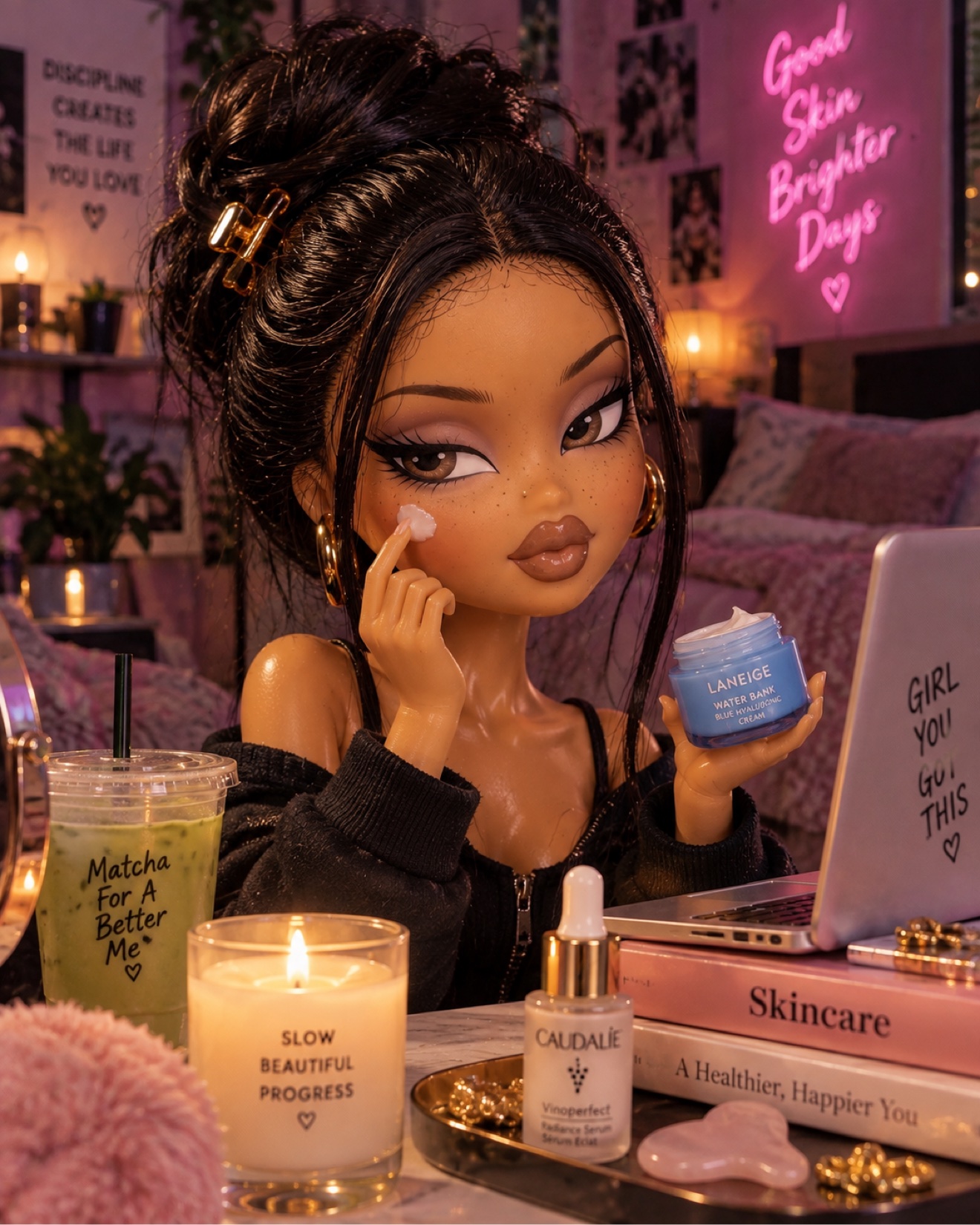 Face Card character applying moisturizer at her laptop during a nighttime routine