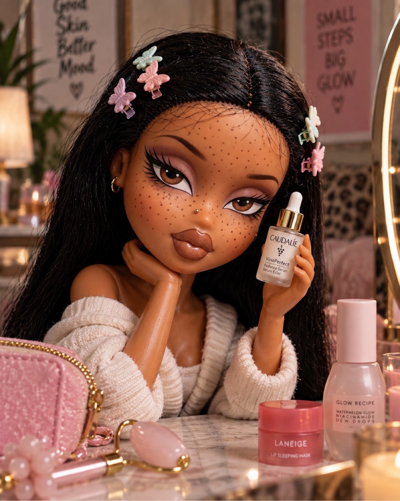 Face Card character with butterfly clips holding serum at her vanity